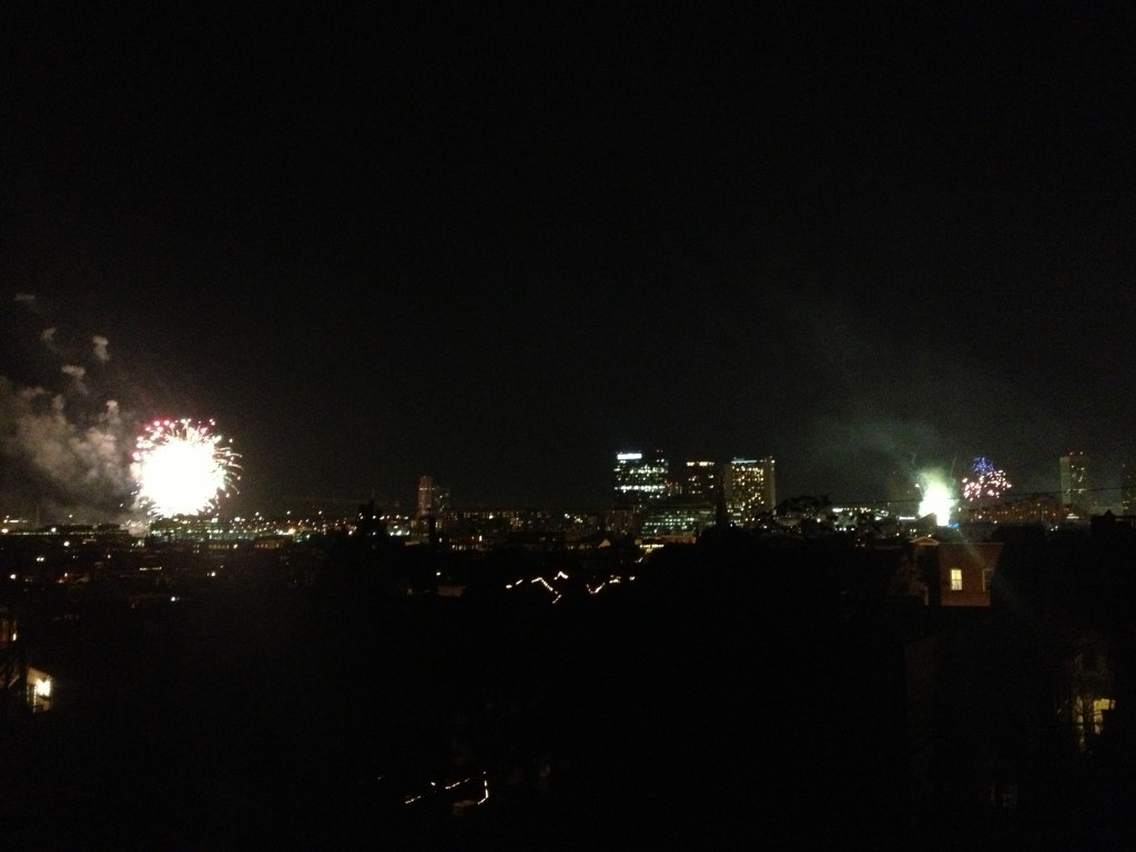 The Harbor fireworks to the left and the Harbor Place fireworks to the right.