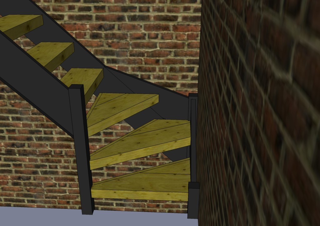 Visualizing the 3 corner stairs was hard so I drew it up in Sketchup.